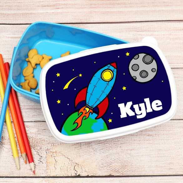 Rocket To The Moon Personalized Blue Lunch Box | Space Theme Lunch Box In Blue