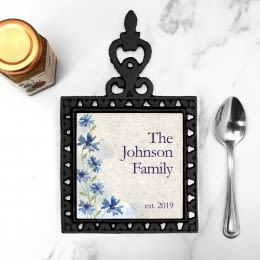 Blue Flowers Personalized Iron Trivet with Handle