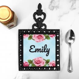 Pink Roses Personalized Iron Trivet with Handle