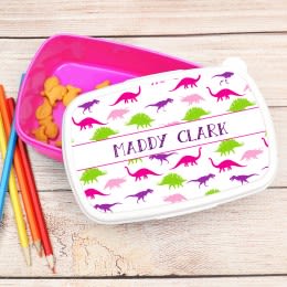 Prehistoric Friends Personalized Pink Lunch Box | Customized Bento Box Dinosaurs