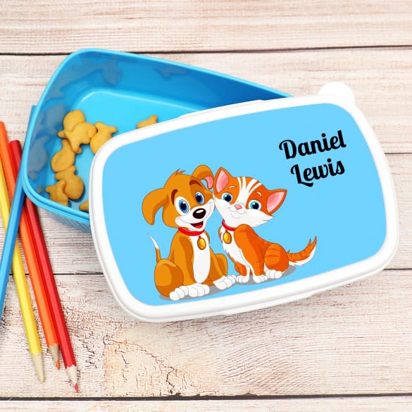 Furry Friends Personalized Blue Lunch Box | Kids Custom Lunch Box With Pets