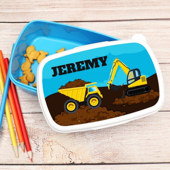 Construction Site Personalized Blue Lunch Box | Custom Construction Themed Bento Box For Kids