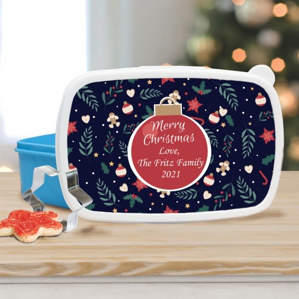 Snowflakes and Candy Canes Personalized Holiday Treats Box | Custom Red Ornament Cookie Box