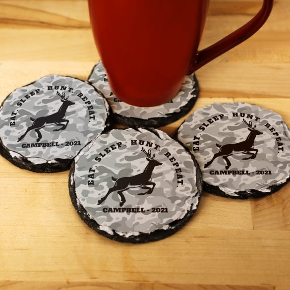 Leaping Deer Customized Round Slate Hunting Coasters - Set of 4 | Personalized Father's Day Gift