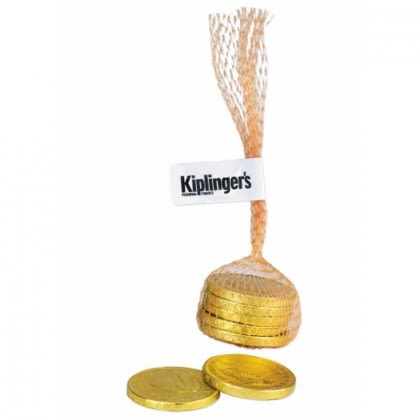 Gold Coins in Mesh Bag Promotional Custom Imprinted With Logo