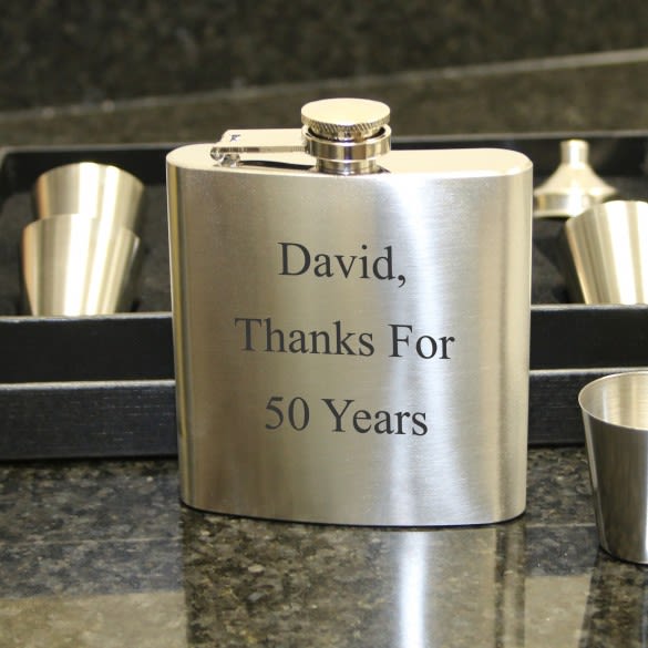 Laser Engraved Silver Flask set