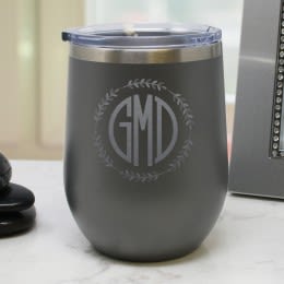 Gray Polar Camel Stemless Wine Tumbler with Block Monogram - 12oz