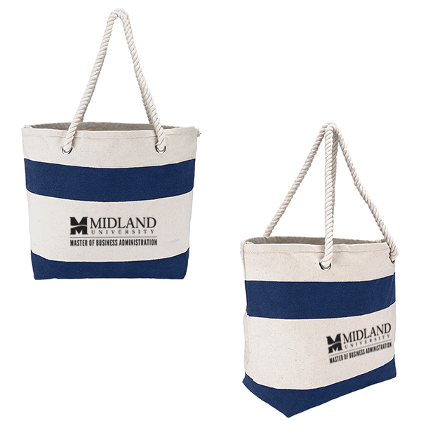 Monogram Pink Stripe Tote Bag - Rope Handles Navy Blue