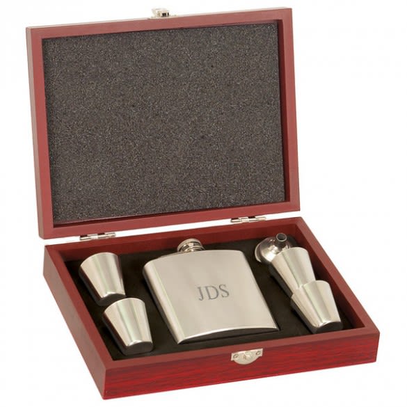 Flask & Shot Glass & Funnel Gift Set in Engraved Rosewood Box