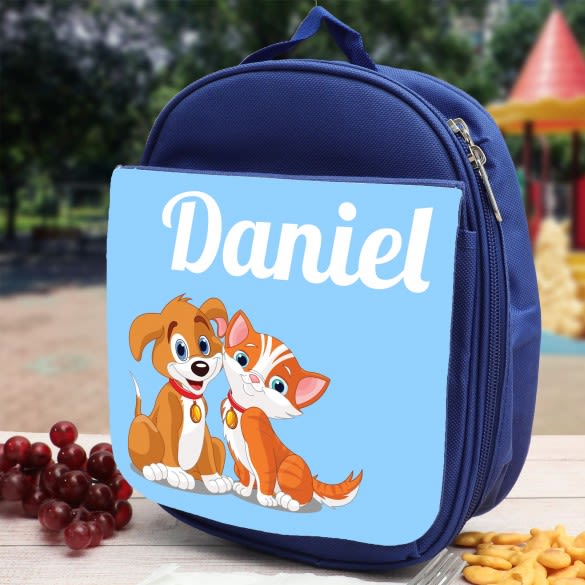 Furry Friends Personalized Blue Lunch Bag | Custom Dog And Cat Lunch Tote