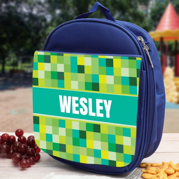 Green Pixels Personalized Blue Lunch Bag | Videogame Green Lunch Sack For Kids