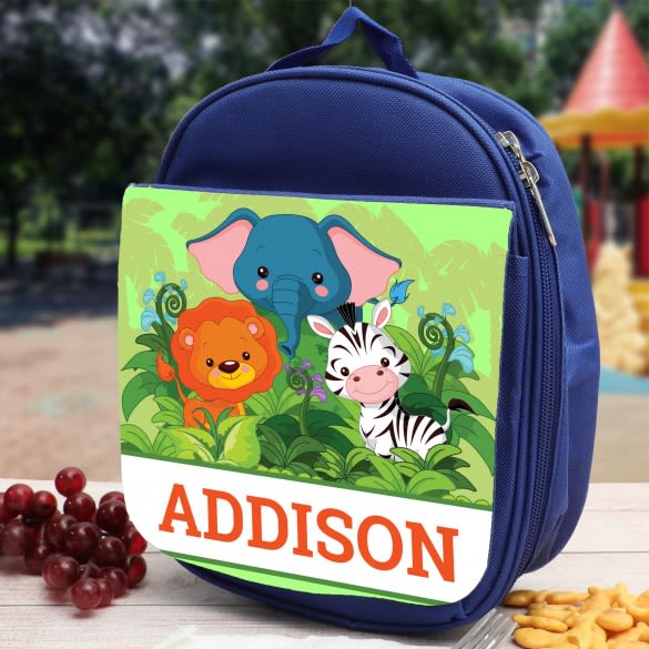 Jungle Animals Personalized Blue Lunch Bag | Customized Wild Zoo Themed Insulated Lunch Tote