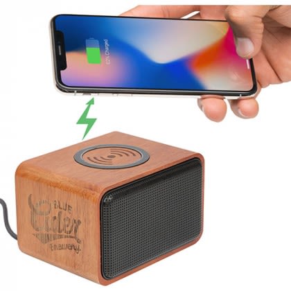 Logo Wood Bluetooth Speaker Wireless Charging Pad with Smartphone (not included)