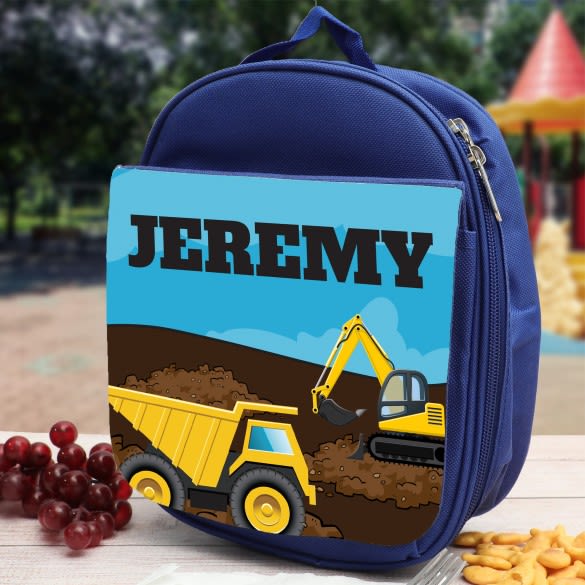 Construction Site Personalized Blue Lunch Bag | Custom Construction Themed Lunch Sack For Kids