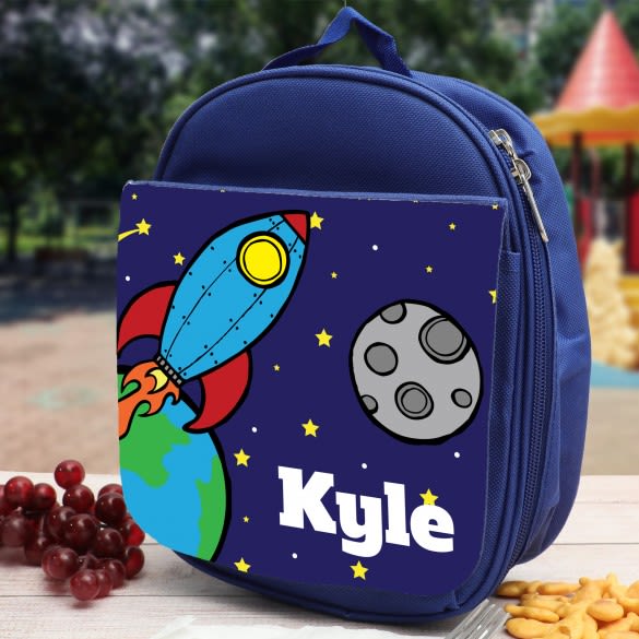 Rocket To The Moon Personalized Blue Lunch Bag | Spaceship Lunch Bag For Kids