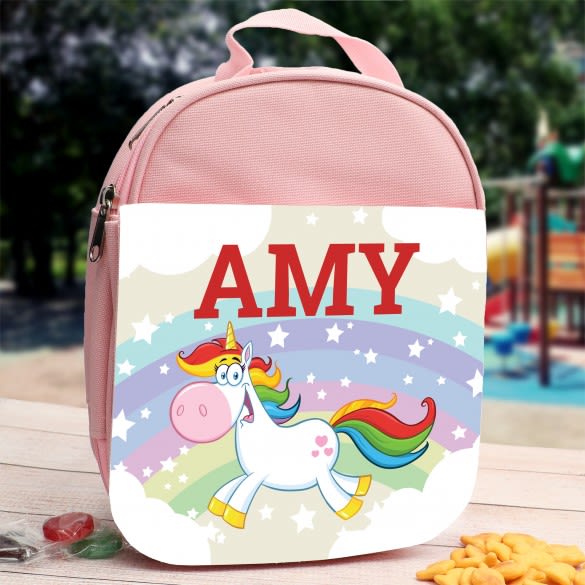 Rainbow Unicorn Personalized Pink Lunch Bag | Customized Unicorn Kids Lunch Sack