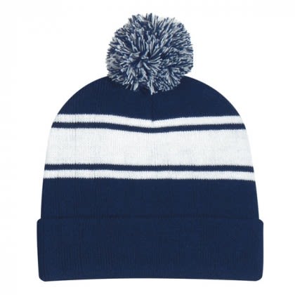 Two-Tone Knit Beanie with Pom Pom | Promotional Winter Hats - Navy/White