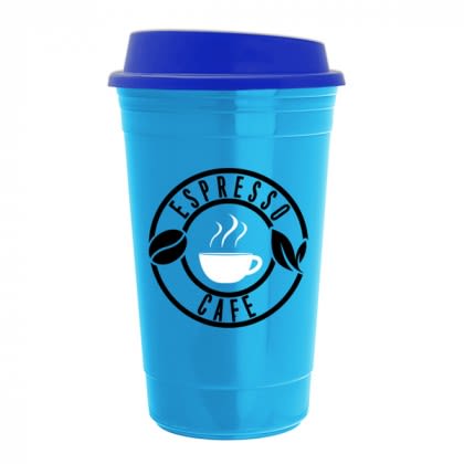 Royal Blue Lid Custom Double Wall Travel Mugs | 15 oz Traveler To-Go Promo Coffee Cup | Promotional Eco-Friendly Travel Mugs