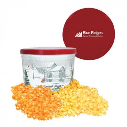 Branded Snow Covered Mill Two Way Two Gallon Popcorn Tin