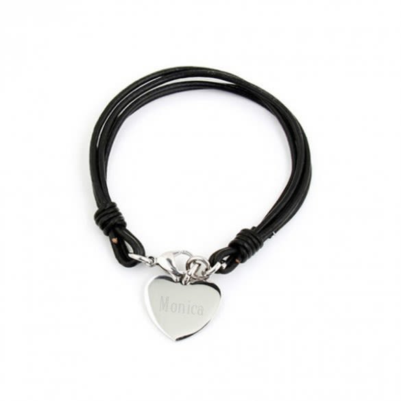 Engraved Heart Charm Bracelet with Black Cord