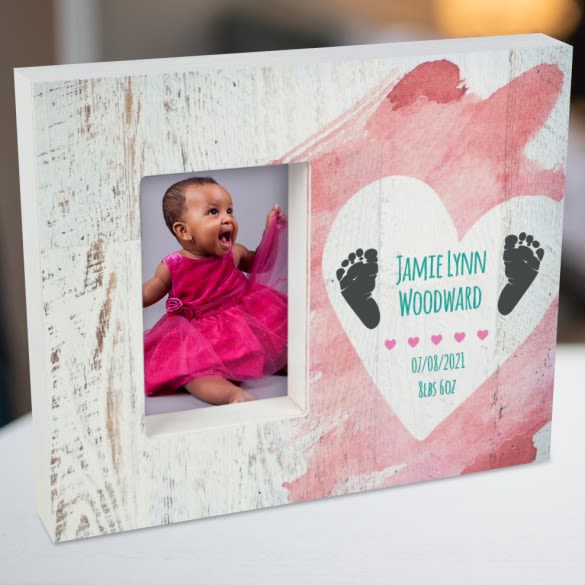 New Baby Personalized Wood Grain Heart Photo Frame