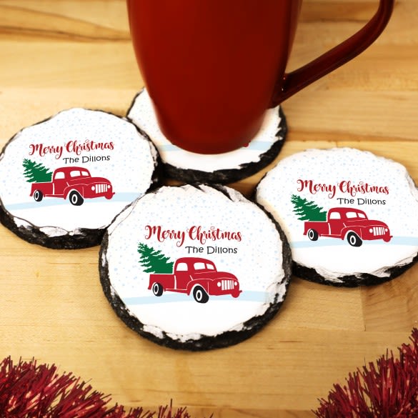Vintage Red Pickup Truck Personalized Round Slate Coasters - Set of 4 | Coasters With Pickup Truck