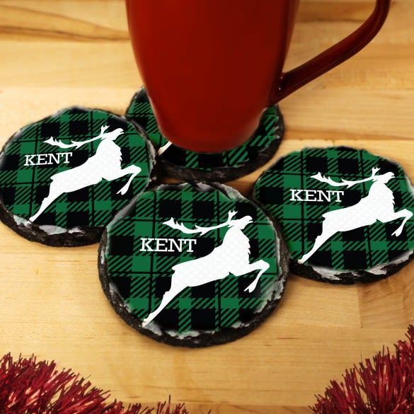 Green Plaid Personalized Moose Slate Coasters | Holiday Moose Decor