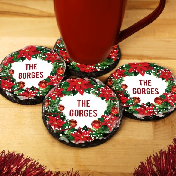 Poinsettia Wreath Personalized Holiday Coasters | Custom Coasters For Christmas