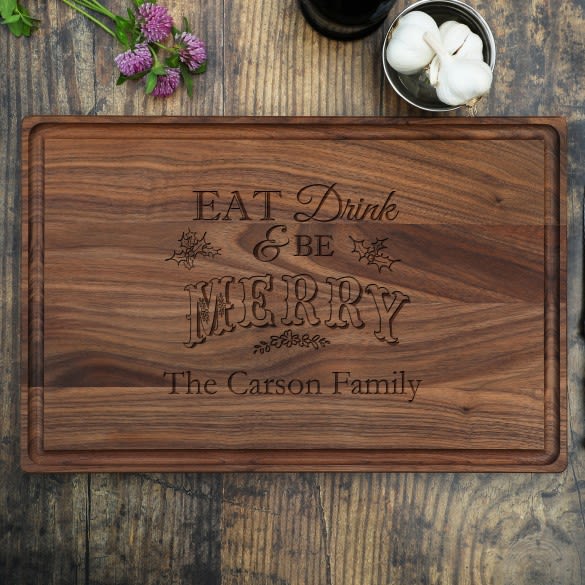 Eat Drink & Be Merry Large Walnut Serving Board | Merry Christmas Cutting Board