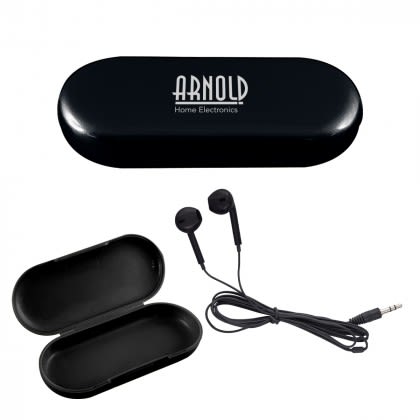 Logo Black Metallic Wired Earbuds with Clamshell Case