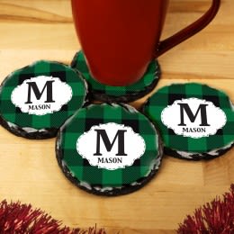 Green Buffalo Plaid Personalized Round Slate Coasters - Set of 4 | Personalized Green Plaid Coasters