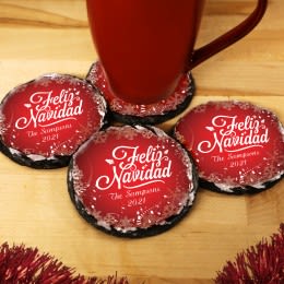 Feliz Navidad Personalized Round Slate Coasters | Feliz Navidad Holiday Decor