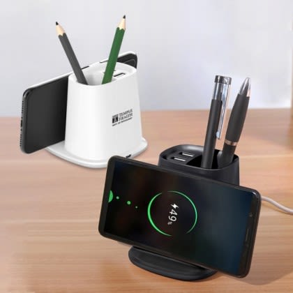 Wireless Charger Pen Holder Dual USB Ports | Branded Dual Cordless Chargers