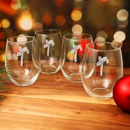 Holiday Candy Cane Stemless Wine Glasses Set of 4 - 21oz