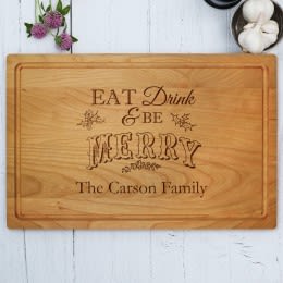 Eat Drink & Be Merry Large Cherry Wood Cutting Board | Serving Board For The Holiday