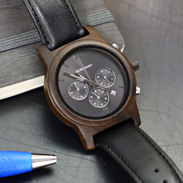 Men's Engraved Midnight Wood Chronograph Watch