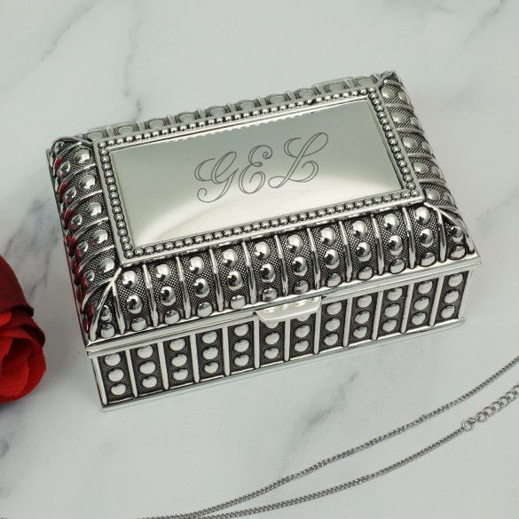 Beaded Antique Rect. Box, Silver Plated