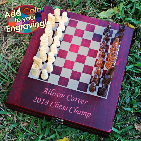 Custom Chess Set - Rosewood Chess Board Storage Box with Personalized Plate