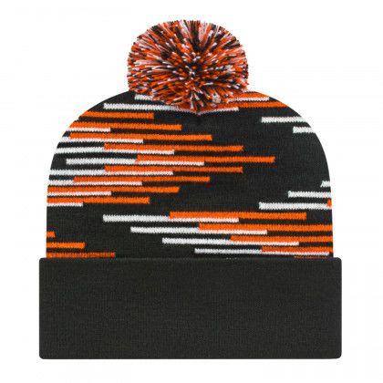 Embroidered Bar Design Knit Cap with Cuff - Black/Deep Orange/White