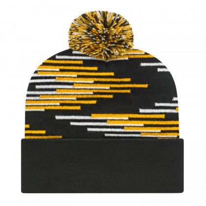 Embroidered Bar Design Knit Cap with Cuff - Black/Gold/White