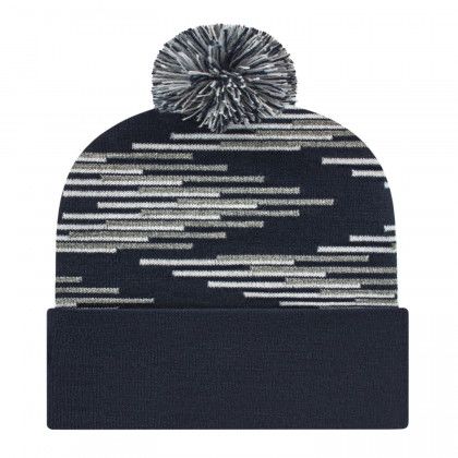 Embroidered Bar Design Knit Cap with Cuff - True Navy/Heather/White