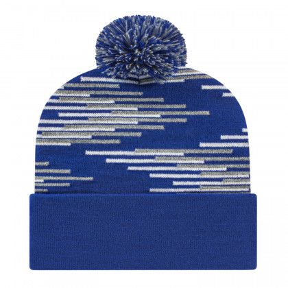 Embroidered Bar Design Knit Cap with Cuff - True Royal/Heather/White