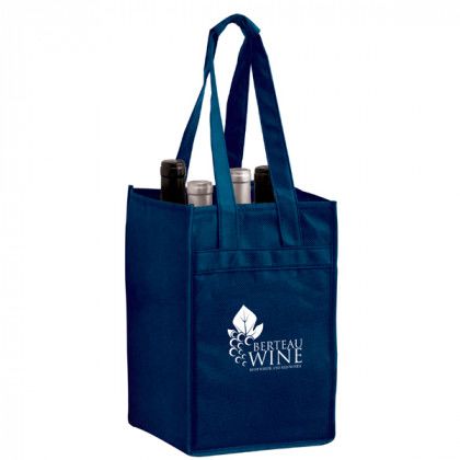 Four Bottle Custom Wine Bag - Best Promotional Wine Bags & Wine Accessories - Navy Blue