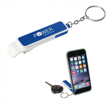 White with Blue Custom Bottle Opener and Phone Stand Key Chain