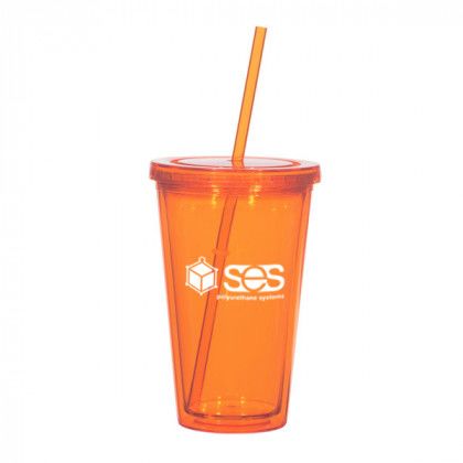 Promotional Acrylic Tumblers | 16 oz Insulated Acrylic Tumbler w/ Straw | Promotional Double Wall Tumblers - Translucent Orange