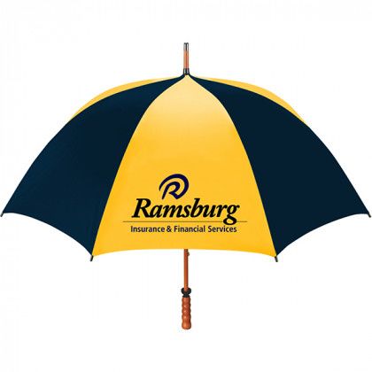 Premium Imprinted Windproof umbrella with pewter tipped wooden shaft - navy blue/gold