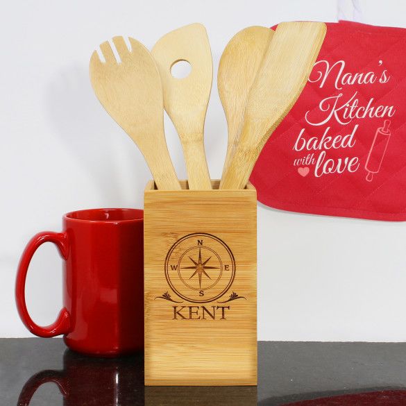 Nautical Compass Personalized Bamboo 4 Piece Kitchen Tool Set