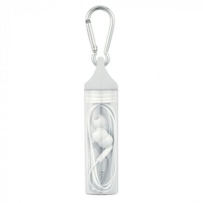 Ear Buds in Promotional Case with Carabiner - White