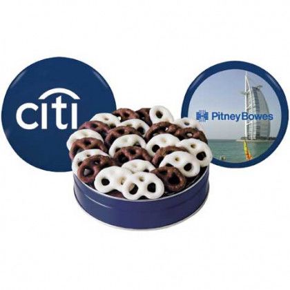 The Grand Tin - Chocolate Covered Mini Pretzels Promotional Custom Imprinted With Logo The Grand Tin - Chocolate Covered Mini Pretzels Promotional Custom Imprinted With Logo