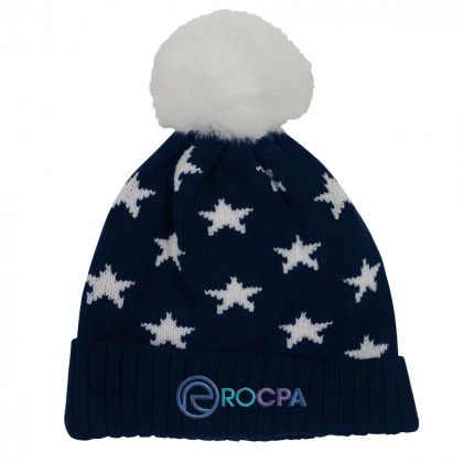 Embroidered Logo Star Pom Beanie - Navy blue with white